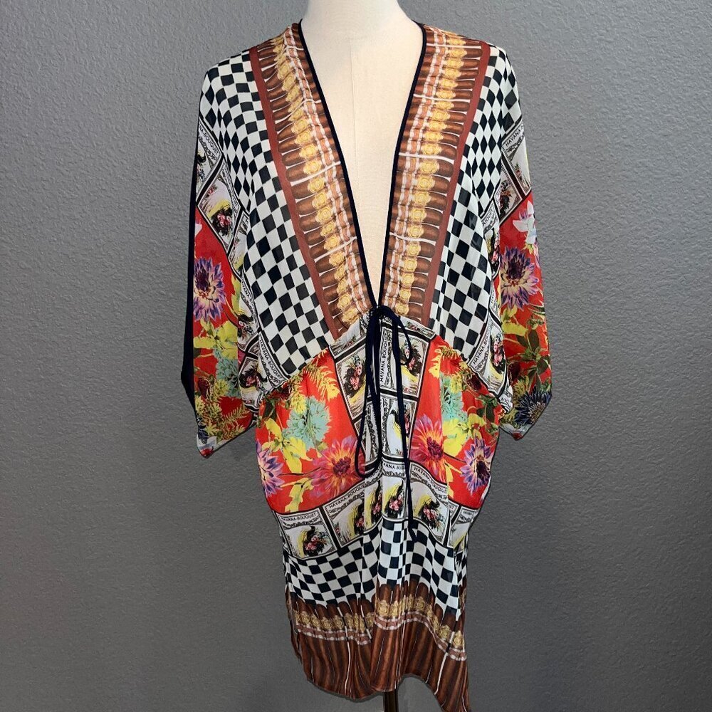 CLOVER CANYON Cuba Havana Cigar Floral Wide Sleeve Sheer Beach Cover XS